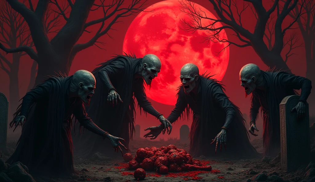 Make a thumnail of some indian face zombies are bathing in the river of blood , some horror body are hanging on trees at bank of blood river , creat a horror back ground of image , make 3d illusions make it attrect eye cathing