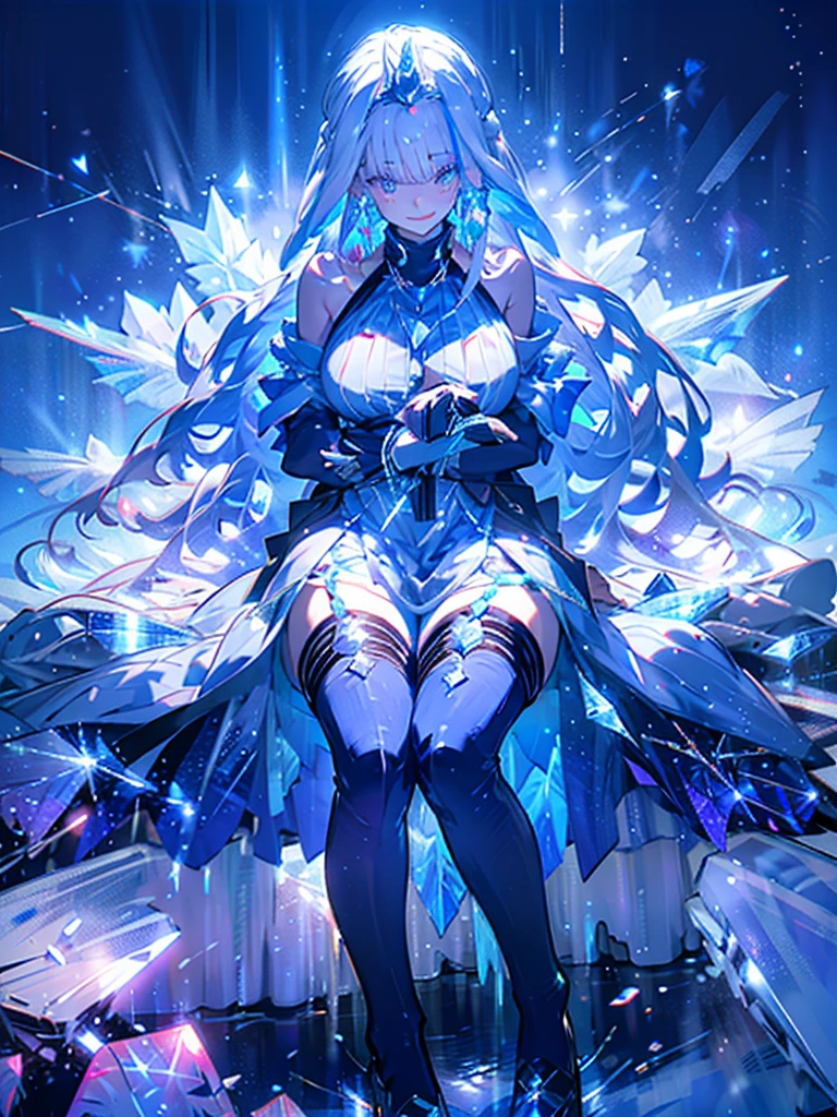  best quality, High image quality ,Masterpiece, adult woman,8 heads,Beautiful Skin, white skin, ,Happy smile,lh1, Hair accessories, Long Hair, royal icing, Tiara, plump thighs,Blue tights,(huge breast) ,Ice Feather,The world of crystals,prism,fantastic sparkling background,