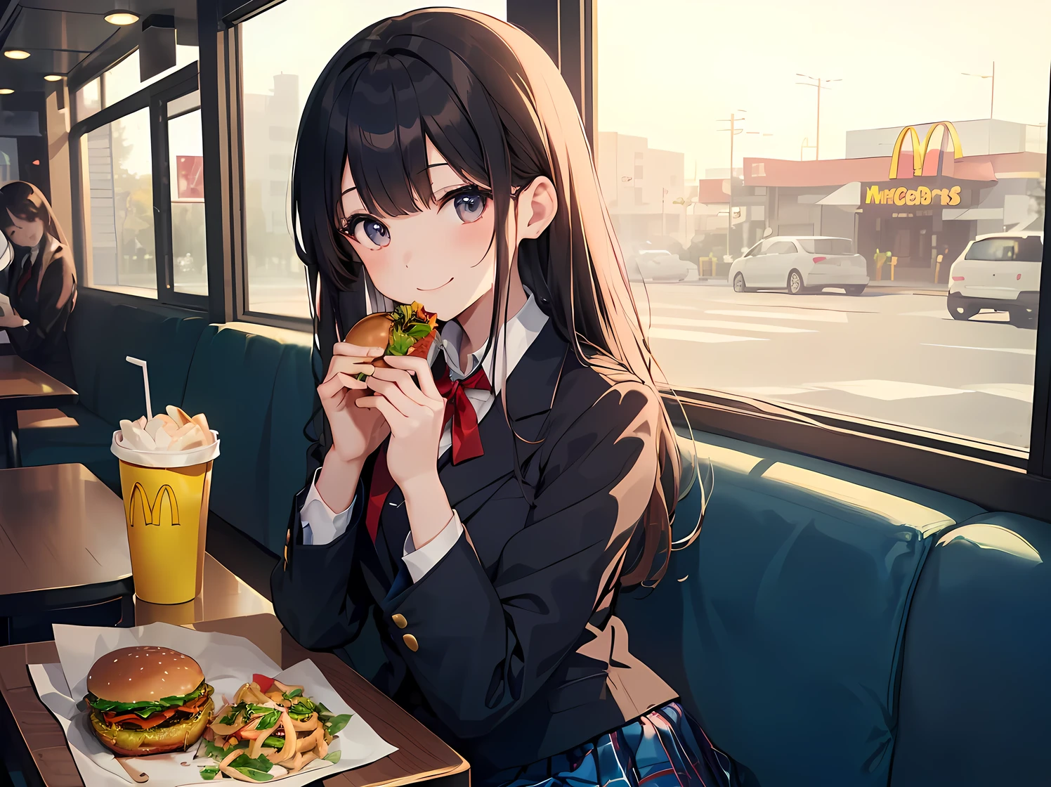 (((Best quality, 8k, Masterpiece: 1.3)), ((best quality)), ((masterpiece)), (detailed), perfect face, A Japanese high school girl sitting inside a McDonald's, enjoying a hamburger after school. She is still wearing her school uniform, consisting of a navy blue blazer, a red ribbon at her collar, and a plaid skirt. She looks relaxed and happy, sitting in a booth, holding a hamburger with one hand, and smiling. The McDonald's interior features bright lighting, red and yellow colors, and the fast-food atmosphere. Outside the window, it's the late afternoon with a bit of sunlight streaming in, suggesting she's stopped by after classes