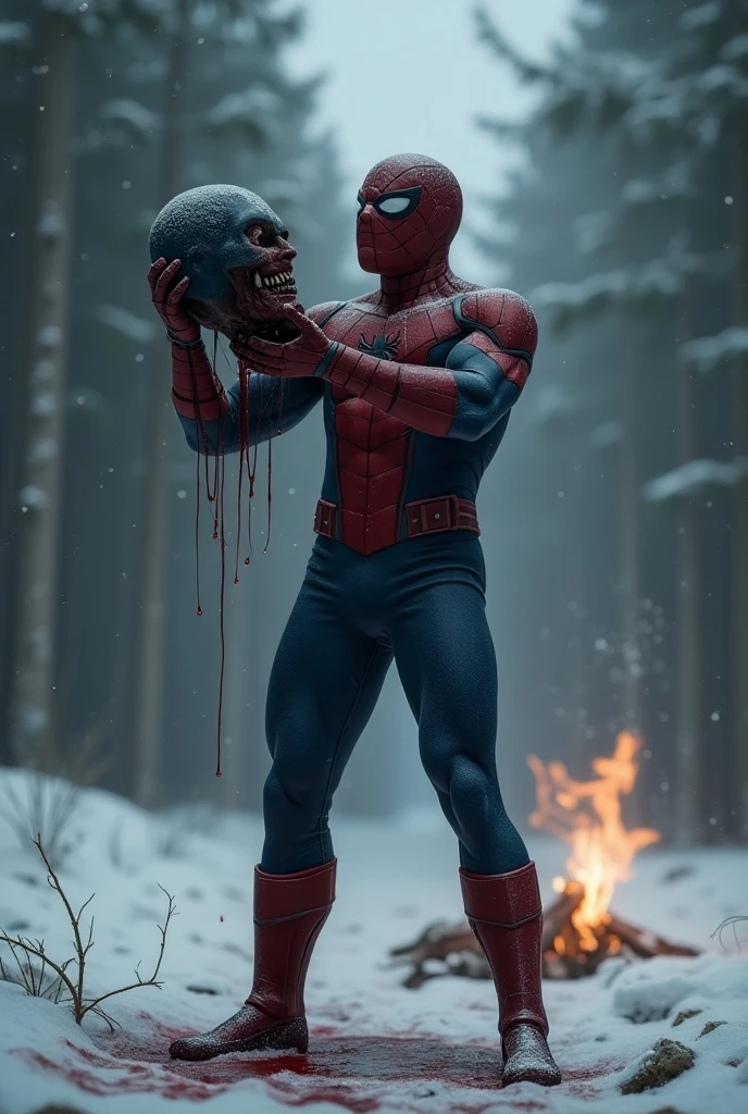Deadpool with a skeleton shaking hands in a snowy forest