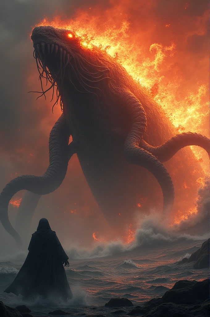 The Fisherman and the Kraken in a Sea of Fire": A fisherman in his small boat faces a giant kraken in an ocean of incandescent water, where the waves shine with red and orange hues. The contrast between the fire and the ocean creates a powerful and surreal image, with a touch of danger and adventure.