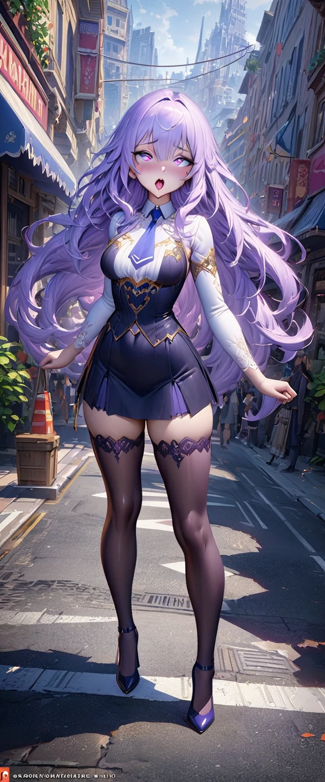 A colossal giantess succubus walks into a tiny city, breaking the floor and everything with her heels, she looks down and mocks you as you see from below her tiny tits and long legs covered all in transparent pantyhose, look down, evil, better quality, close, photo under her