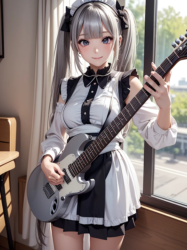 8k, Best Quality, The real picture,  complicated details, Very detailed,  super high definition, Depth Field, ( realistic, realistic),  table top to cover upper arms, (( shot above the knee)), ((((Standing and playing an electric guitar)))), ((( 1 girl))), eye_Chan,  so beautiful, innocent big eyes, Beautiful breasts, 非常に詳細なeye, (Beautiful breasts), ((Silver Hair)), (Braided twin tails), (Asymmetrical bangs), Perfect Skin, Fair skin, Small breasts, Tight waist, Alone,  viewers almost at night, (smile), ((Maid uniform)), ( black miniskirt in a window seat), (Standing in the concert hall )