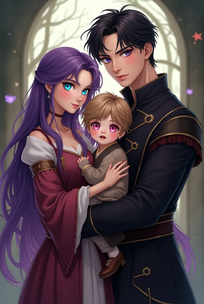 (Human) Male, long straight black hair, wearing armor full of jewels (emeralds) and a crown with emeralds, RAF blue eyes, with a serious look, standing next to his wife, (Elf) woman with purple hair, with black horns, lavender fantasy skin, fuchsia pink eyes (medieval style queen clothes and sparkly crown), elegant pose, looking at camera, sitting in elegant chair, holding one year old (Human) male baby, purple hair, color eyes RAF blue, in prince's clothes, hugging his mother, detailed, daytime, sun rays, ultra detailed photography, 4k quality lighting, high resolution, masterpiece, anime style.