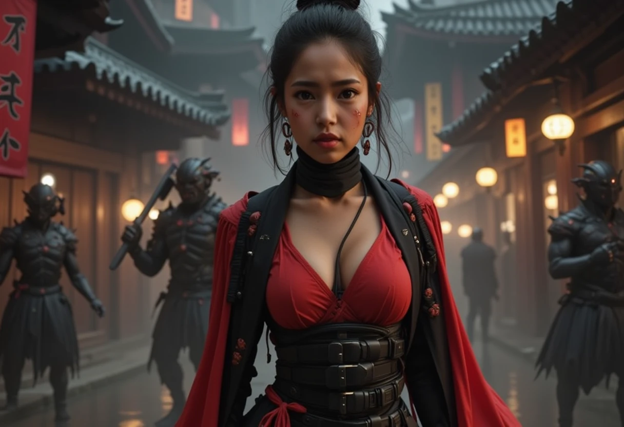 1woman, beautiful detailed eyes, full body view ,blood smear on her face, serious face, fighting emotion, beautiful detailed lips, extremely detailed face, long eyelashes, sexy black-red ninja suit, red bra,  Flowing red fabric from ninja suit, samurai sword in her hand,  , fighting pose ,  fantasy landscape, 1monsters running behind her , many monsters far away in background, Ancient Japanese houses, ancient lamp poses, cinematic lighting, dramatic atmosphere, intricate details, moody colors, digital art, hyper-realistic