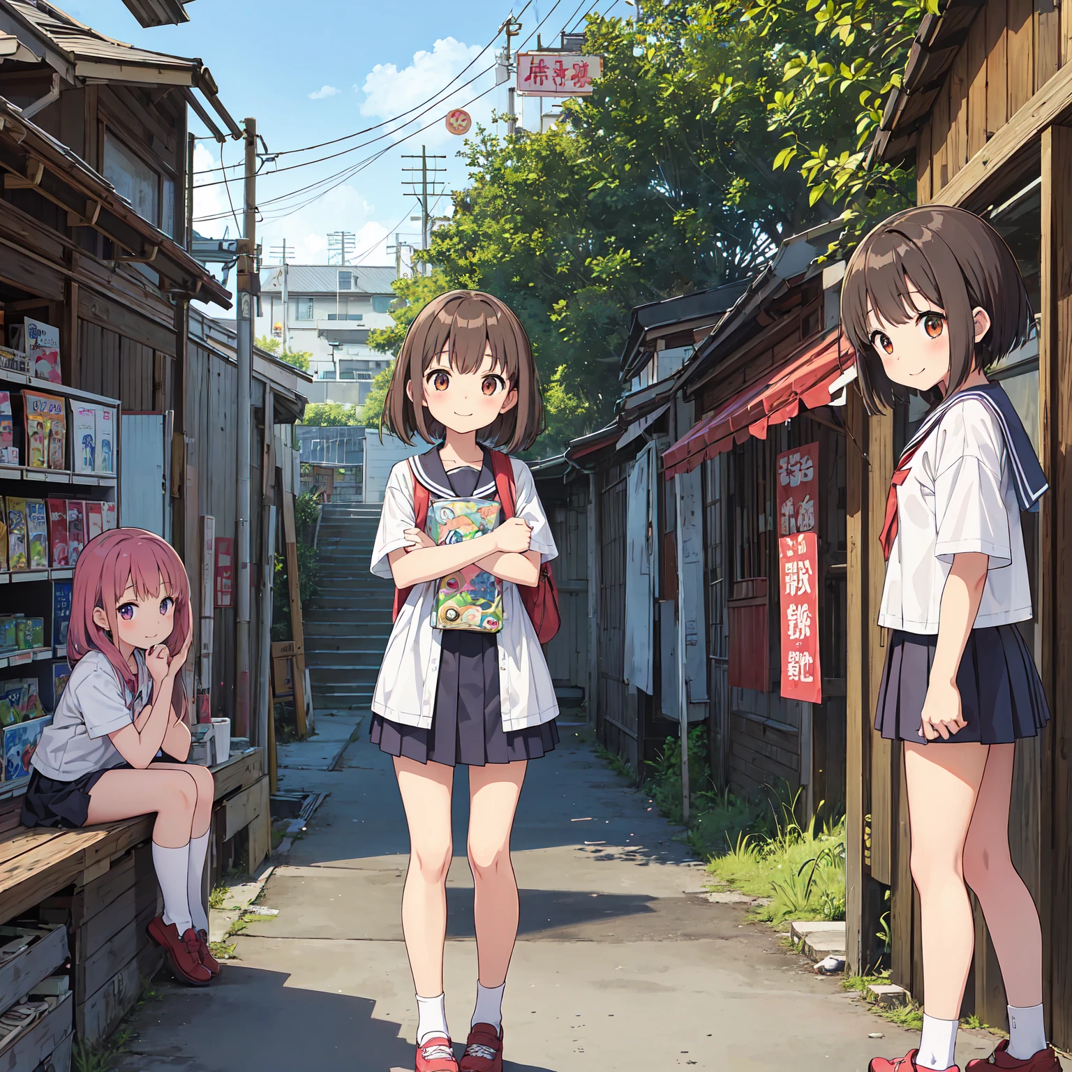 Two little girls,Baby Face, road,((Anime Girls)),Flat Chest, Very detailed, Naked school bag, Nipples, ((masterpiece, Highest quality;1.3)), , An innocent smile, Are standing, Enjoying conversation, Outdoor