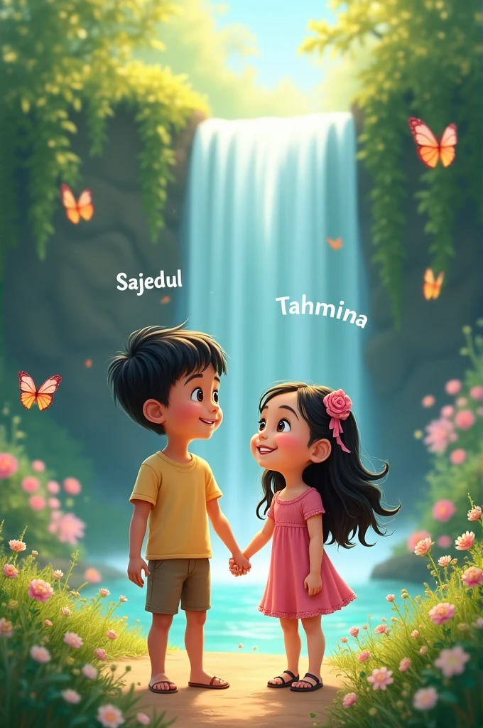 A boy and a girl sitting on the side of river.The boy hold the hand of the girl. The boy name is Zihu and the girl name is Mini Pack. the name is written on their back side of t-shirt