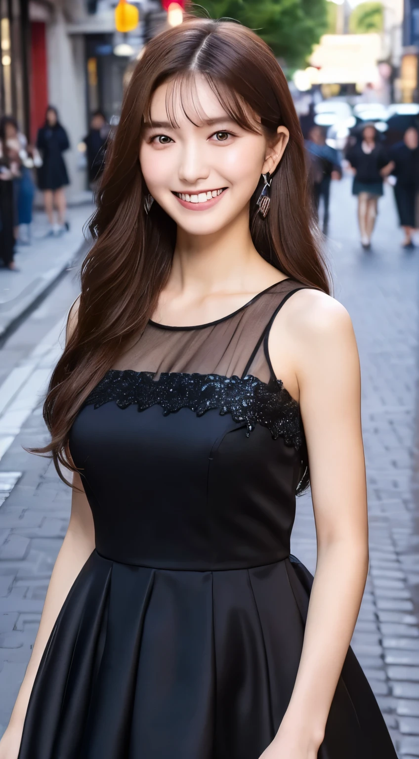 ((Best quality, 8k, Masterpiece :1.3)), 1girl, smiling, full body, slim face, Pretty woman, (Dark brown hair), full length dress :1.1, Ultra-detailed face, Detailed eyes, Double eyelid, blur background, slim face, city, outside, street,