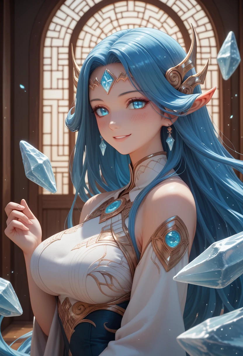 (style_ethereal_fantasy,visual appealing,synced,intricate character design,mystica:1.2)1 girl,Japanese,ice goddess,blue hair,busty,blush,smile,room