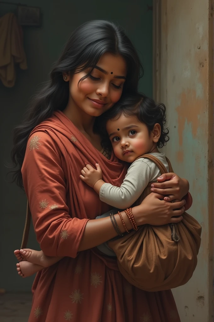 Image Prompt: A young, frail woman in traditional ancient Indian attire, standing outside a grand house with a baby in her arms, looking hopeful yet humble. The setting is a village with thatched roofs and people dressed in simple clothes.