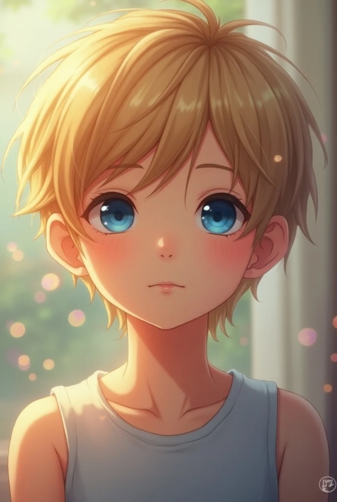 boy, slim, Cute, bright eyes, Short blond hair, in your bedroom, looks at the viewer, shy