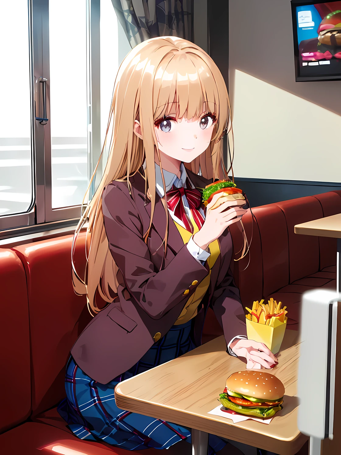 (((Best quality, 8k, Masterpiece: 1.3)), ((best quality)), ((masterpiece)), (detailed), perfect face, A Japanese high school girl sitting inside a McDonald's, enjoying a hamburger after school. She is still wearing her school uniform, consisting of a navy blue blazer, a red ribbon at her collar, and a plaid skirt. She looks relaxed and happy, sitting in a booth, holding a hamburger with one hand, and smiling. The McDonald's interior features bright lighting, red and yellow colors, and the fast-food atmosphere. Outside the window, it's the late afternoon with a bit of sunlight streaming in, suggesting she's stopped by after classes