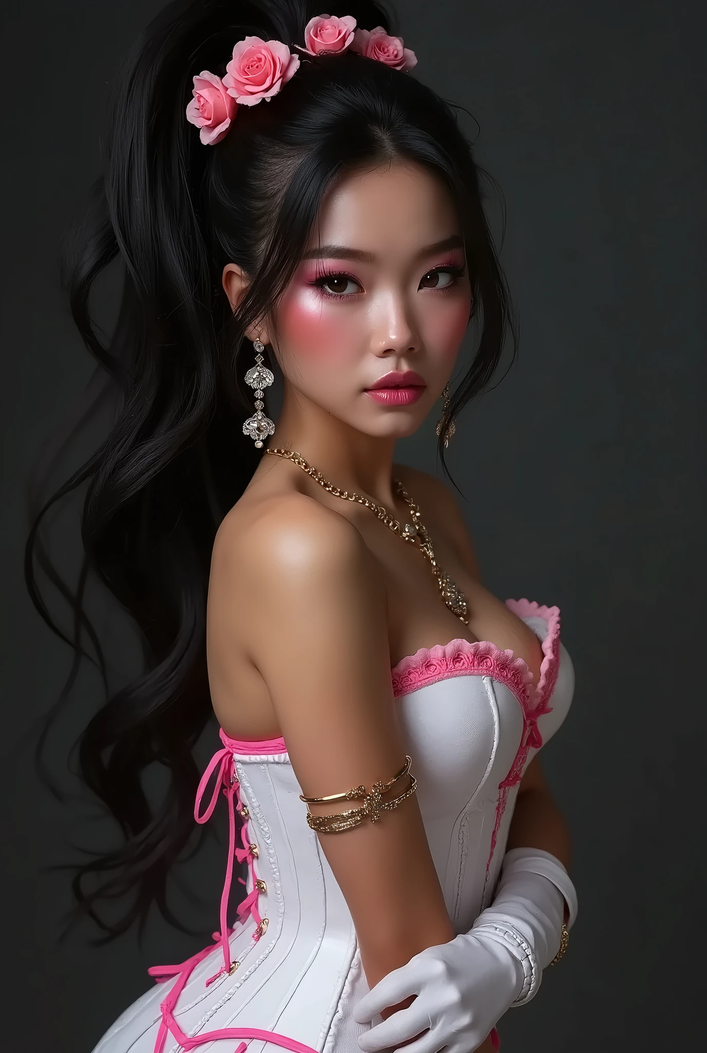 8k Ultra HD, image 9:17, 8k, masterpiece, RAW photo, best quality, detail: 1.3), photorealistic, incredibly detailed CG Unity 8k wallpaper, depth of field, cinema light, lens flare, ray tracing, [[[sharp focus: 1.2]]], (perfect beauty face, beautiful lips, beautiful eyes), (pink makeup, pink lipstick, eyeliner, cheveux noirs moelleux, Hair illumination, voluminous lighting, expressive eyes), face with intricate details, ((very detailed skin)), 1 girl, deep shadow, cute girl, (medium bust:1.8), ((narrow waist, slanderous legs)), (small ass),(oli face: 1.3), (very slim slendet-muscled body:1.3), ((looks at viewer)), (big smile), (lace-up dress), (sleeve), tights, clean eyes, Dark makeup, walking, face forward, (cowboy shot)), ((magenta lace-up corset)), ((white color dress)), (( (magenta: lace-up), (white: latex pants)))), ((long white gloves)), long legs, ((Long Messy pink Pony with Braid, flowers in hair, 3D, ((rich colors)), ((Intricately detailed multi-layer lace corset)), ((earrings, ((diamonds)), necklace, (gold), bracelets, valuables)