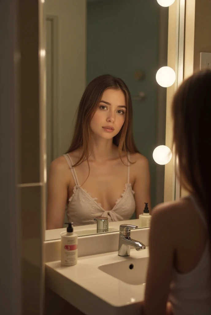 1 Chica joven, sola, esbelta, hermosa, albina, ropa ligera transparencia, small red panty visible, vagina marcada, de frente, cinematography lighting, 8k hdr, atardecer.