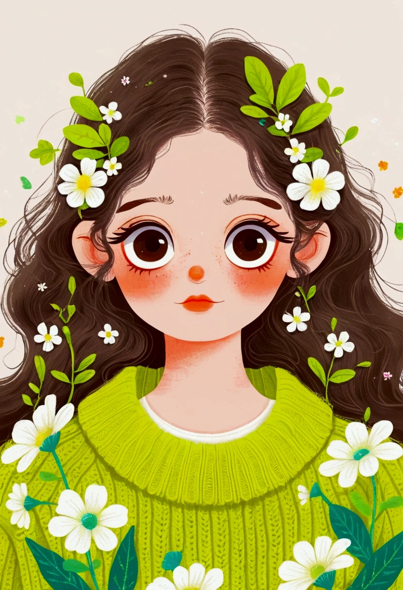 Cute illustrations，Portrait of a beautiful girl in a sweater, Big eyes，The Art of Mathematics ，Hot Trends, The Art of Mathematics, 采用数码 Illustration style, The Art of Mathematics. The Art of Mathematics illustration,  Cute illustrations, The breath of spring, Illustration Art,  Illustration style,  drawn in a fantastical style