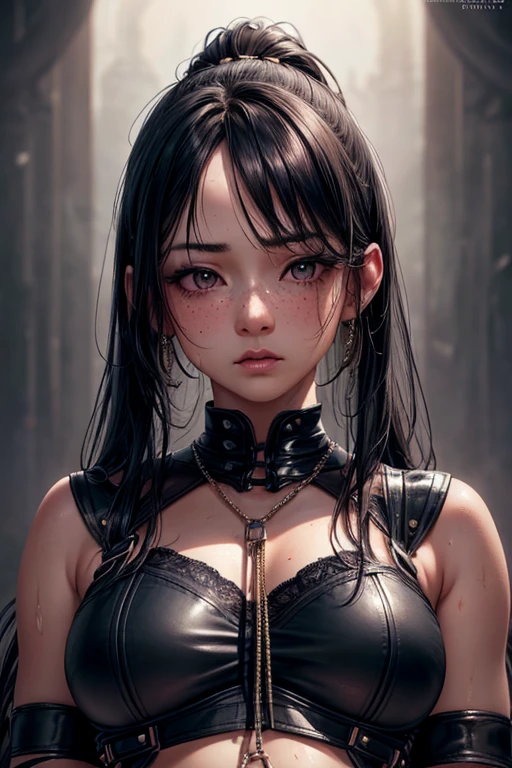 Kaori, Single model, solo, half Asian, half Latino, very long straight black hair, high ponytail, freckles, blushing, wet eyes, long chain pendant, very large heavy breasts, chubby, belly, stretchmarks, (best quality,4k,8k,highres,masterpiece:1.2),ultra-detailed,(realistic,photorealistic,photo-realistic:1.37),detailed portrait, cinematic lighting, natural skin texture, intricate details, dramatic colors, moody atmosphere, heavy eye shadow, mascara, (bondage harness :1.2) gymnastics leotard 