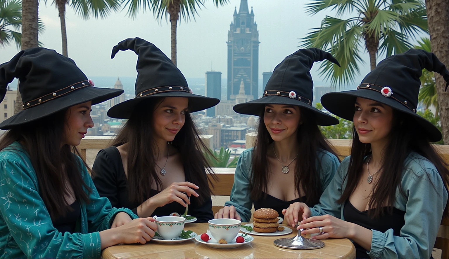 wizard tea, magic tea , magic, handsome witches, highly detailed realistic eyes, happy, vibrant, colourful, ultra detailed skin with pores, park, wind, horizon, sharp light and shadows, neon lights. sci-fi, cyberpunk, cityscape, panorama, ray tracing, DSLR, UHD, 8k, photorealistic, masterpiece, award-winning