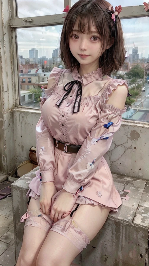 (8k、RAW Photos、highest quality、masterpiece:1.2)、(Realistic、Realistic)、1 girl、((Black and pink dress、belly button、Pink ee-through、Big Breasts、View from the front、garden、Twin tail hair、Bustier、Cape、smile、whole body、short boots、Standing with hands on hips))、Lots of eyelashes、Glowing eyelids、skeletally correct