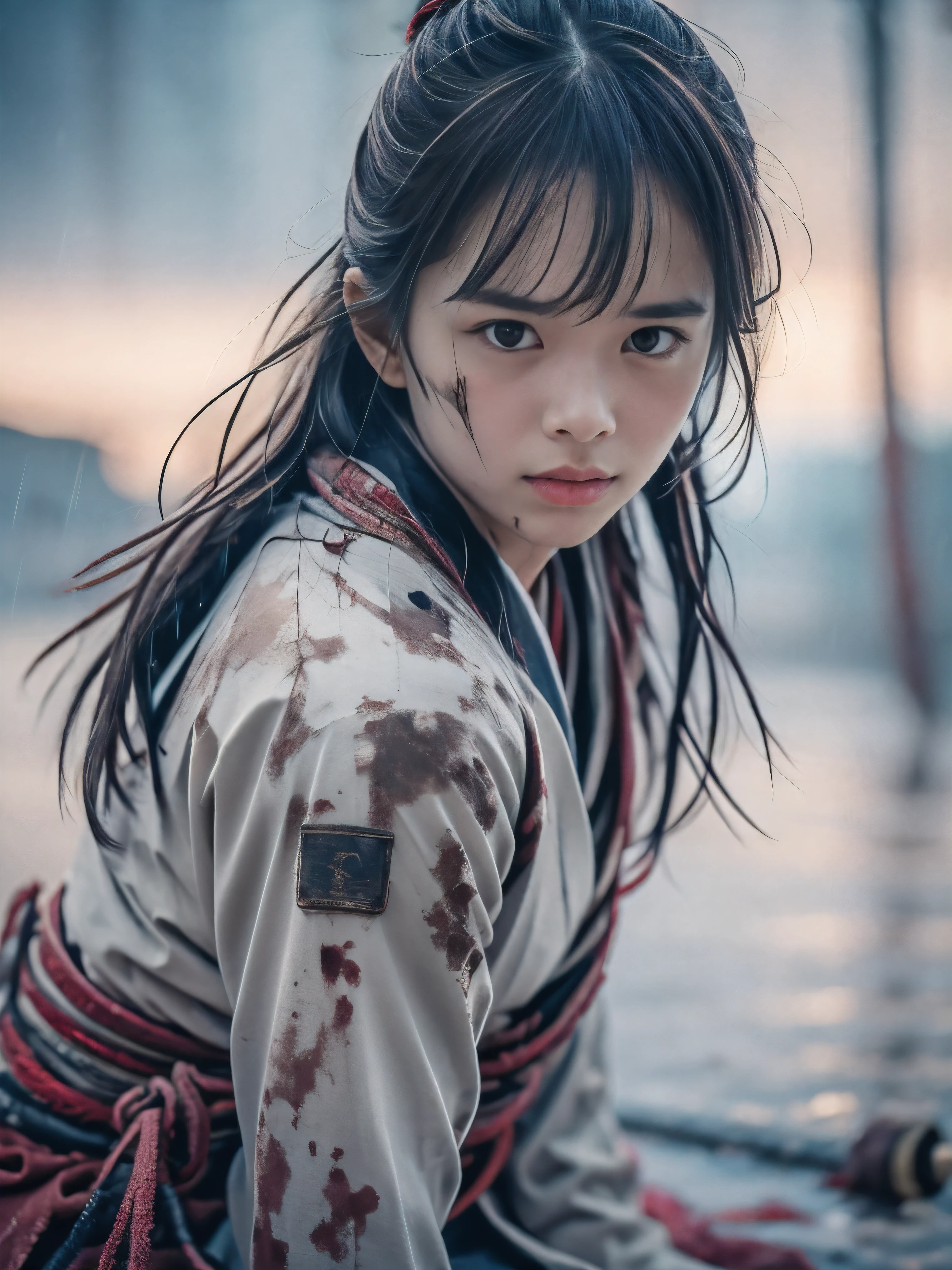 (Close up portrait of one slender small breasts two side up medium black hair with bangs girl in a black colored dirty bloody armor warrior as samurai in Japan at raining:1.5)、(One girl is kneeling and pray to the raining sky on the grassland in old Japan with crying dirty bloody face:1.5)、(Heavy raining dark sky:1.5)、(blurred background:1.5)、(Natural light:1.5)、(8k ultra detailed master piece:1.5)、(perfect anatomy:1.5)、(Photorealistic stick:1.5)、(Raw photo:1.3)、(highest quality:1.5)、(High resolution:1.3)、(Delicate and beautiful perfect face:1.3)、(Delicate and beautiful eye air skin:1.3)、(Real Human Skin:1.3)、((thin legs))
