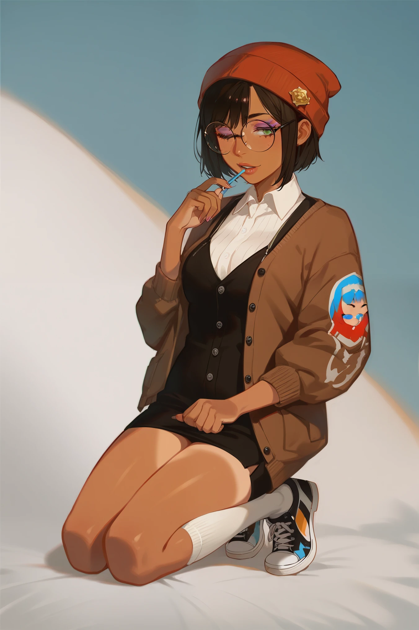 score_9, score_8_up, score_7_up, score_6_up, score_5_up, score_4_up, (masterpiece), best quality, 1girl, black shoulder length hair, bob cut, green eyes, preppy fashion, collared white shirt, brown cardigan, round glasses, red beanie, tan skin, purple eyeshadow, white socks, cute shoes.