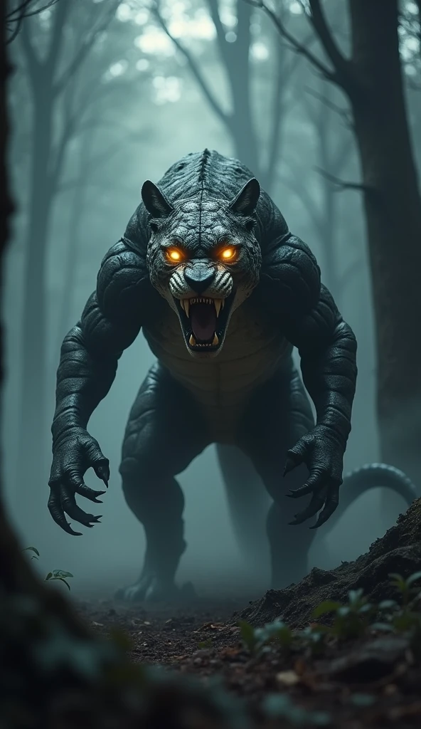"Design a monstrous black panther -cobra fusion with glowing eyes and intertwined scales and fur, exuding raw, terrifying power."