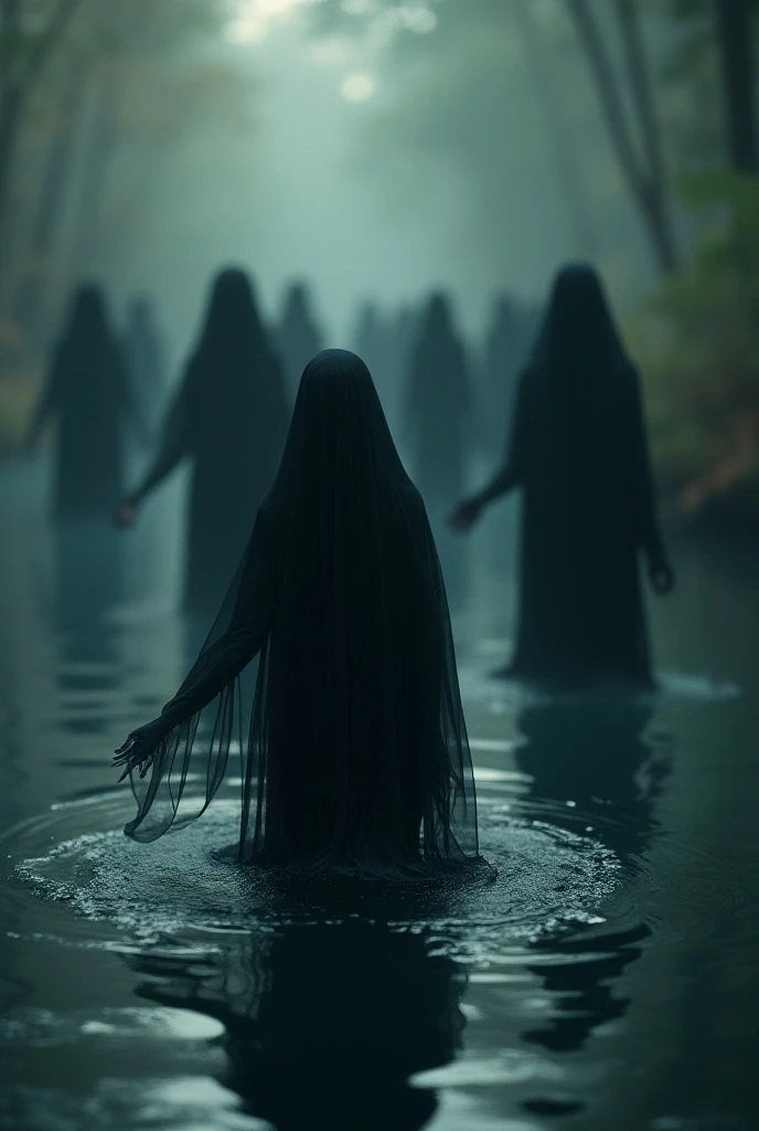 Three Qalupalik women slowly emerge from the dark water of a frozen lake. Their faces are distorted and frightening, with bright, piercing eyes that seem to peer into the soul. Their long, disheveled, seaweed-like hair floats around them, while their bodies are shrouded in dark veils that mingle with the water. Moonlight illuminates their pale, translucent skin, accentuating the wrinkles and ominous features of their faces. A light mist floats on the surface of the water, adding an atmosphere of mystery and danger. Bubbles billow around them, and a distant murmur, like a melancholy song, echoes in the air.