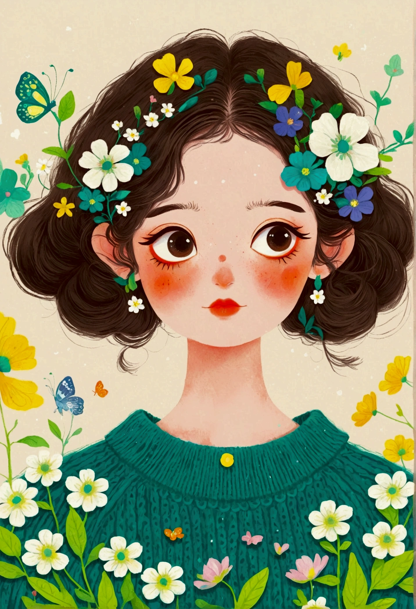 Cute illustrations，Portrait of a beautiful girl in a sweater, Big eyes，The Art of Mathematics ，Hot Trends, The Art of Mathematics, 采用数码 Illustration style, The Art of Mathematics. The Art of Mathematics illustration,  Cute illustrations, The breath of spring, Illustration Art,  Illustration style,  drawn in a fantastical style