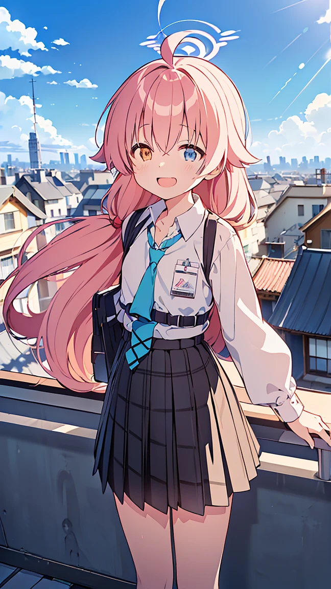 masterpiece, Best Quality,  High Resolution ,  very detailed ,(((Takanashi Hoshino))), ((( white shirt ))), ((( pleated skirt ))), (((Hair ties))), ((( far away in the background of a storefront))), (((Positive。))), (((rooftop))), (((blue sky))), ((( is laughing。))), (((handrail))), (((Streetscape)))