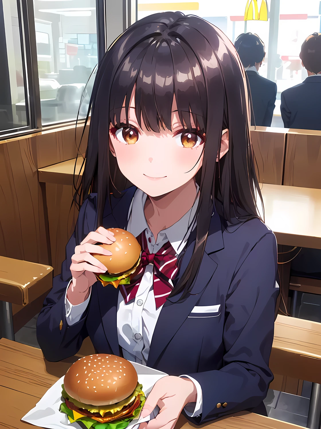 (((Best quality, 8k, Masterpiece: 1.3)), ((best quality)), ((masterpiece)), (detailed), perfect face, high detailed fingers, A Japanese high school girl sitting inside a McDonald's, enjoying a hamburger after school. She is still wearing her school uniform, consisting of a navy blue blazer, a red ribbon at her collar, and a plaid skirt. She looks relaxed and happy, sitting in a booth, holding a hamburger with one hand, and smiling. The McDonald's interior features bright lighting, red and yellow colors, and the fast-food atmosphere. Outside the window, it's the late afternoon with a bit of sunlight streaming in, suggesting she's stopped by after classes