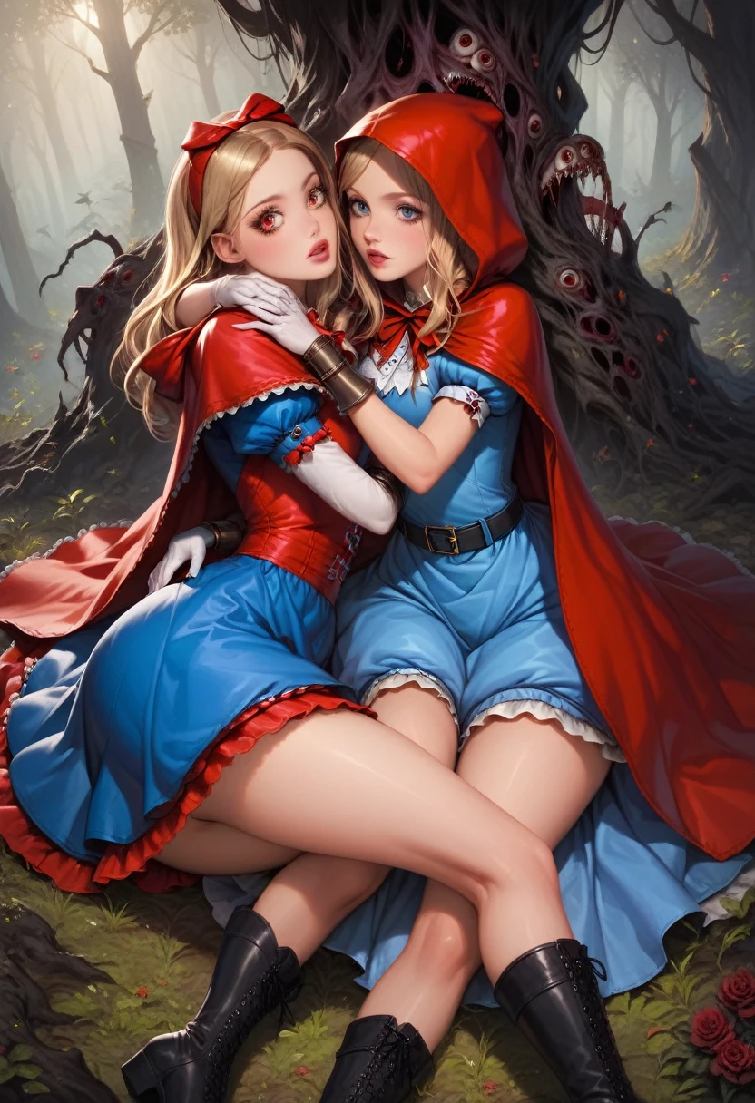 nsfw, Little Red Riding Hood and Rapunzel star together in an explicit and tantalizing scene, (2 filles), Extremely detailed, colored, the most detailed, (erotic) art officiel, unit 8k wallpaper&#39;screen, ultra detailed, beautiful and aesthetic, attractive and sensual, Little Red Riding Hood wearing a revealing red hooded cape and mini skirt, Rapunzel with long golden hair floating freely, les deux filles se regardent avec flirt, (Embrasser), (intime) contact corporel, poses sensuelles, (passionate) regards, (attractive) des sourires, detailed neckline and curves, blush and pink lips, gl, topless