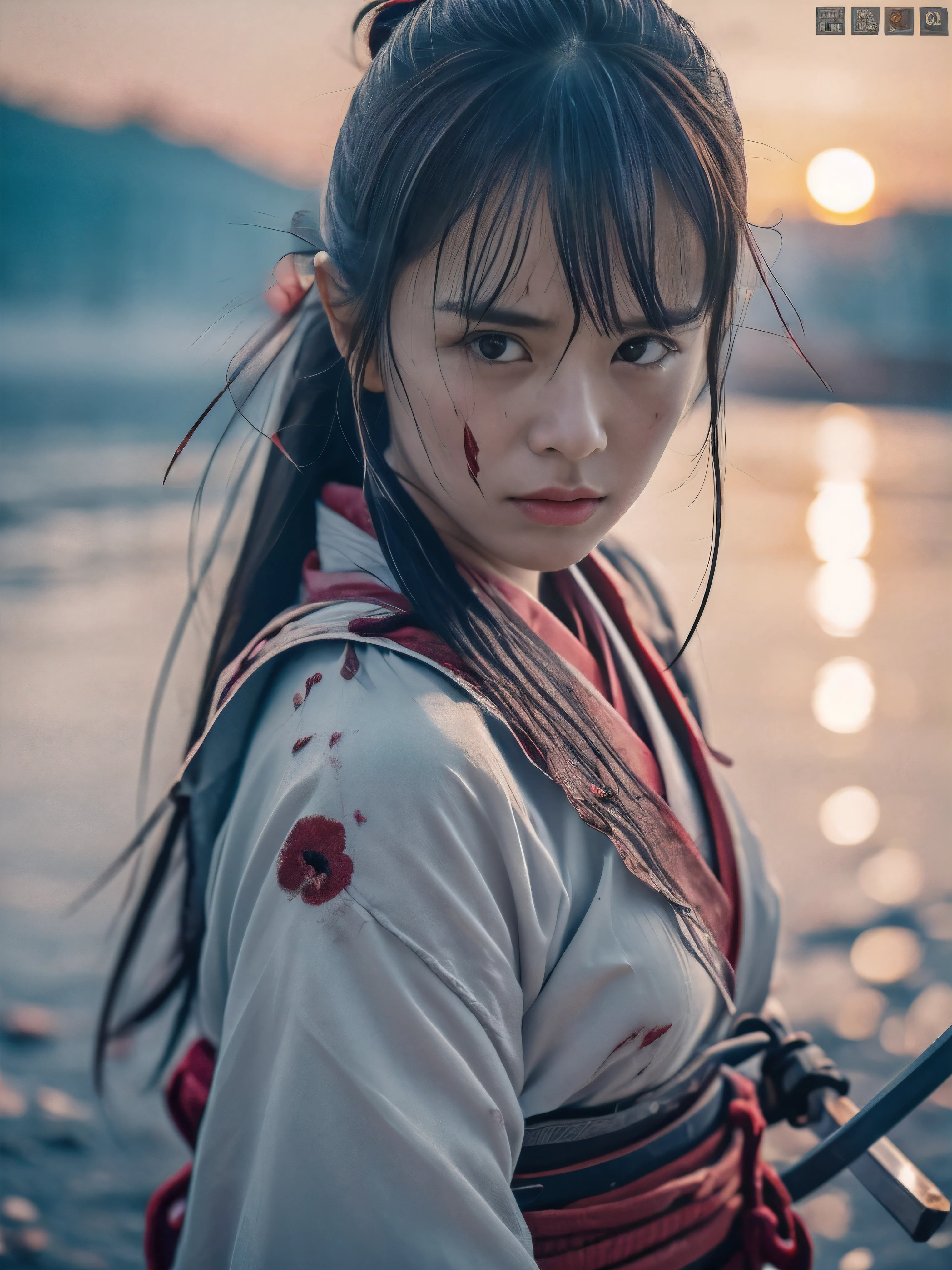 (Close up portrait of one slender small breast dark silver long hair with swept bangs girl in a dirty bloody silver colored armor warrior as samurai in Japan :1.5)、(One girl makes fighting pose with a white-bladed katana sword on the wilderness land in old Japan with dirty bloody crying face:1.5)、(Sunset burning red sky:1.5)、(blurred background:1.5)、(Natural light:1.5)、(8k ultra detailed master piece:1.5)、(perfect anatomy:1.5)、(Photorealistic stick:1.5)、(Raw photo:1.3)、(highest quality:1.5)、(High resolution:1.3)、(Delicate and beautiful perfect face:1.3)、(Delicate and beautiful eye air skin:1.3)、(Real Human Skin:1.3)、((thin legs))