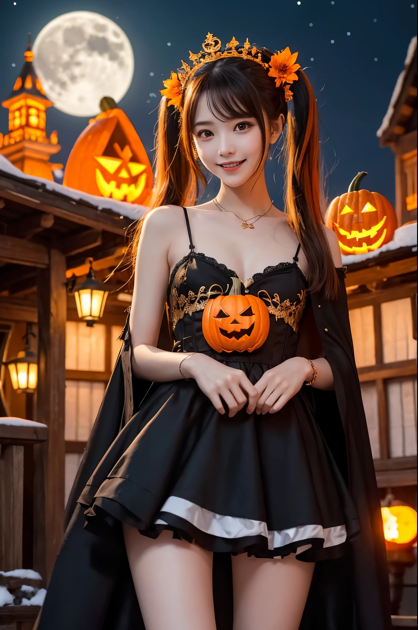 /*Quality writing*/
of the highest quality, 16 K, masterpiece, hyperdetailed face, very detailed lips, Detailed eyes, Realistic pupils,
BREAK,
/*Characters and expressions*/
Extremely beautiful girl, Asian Girl, 1 girl, Light on Face, Wavy Hair, ((Very sweet smile)), 
BREAK
/*garments*/
(Hanfu:1.1), (Han-style clothing), 
BREAK  
/*Pose*/
(Lift the hem of the skirt, Lift the hem of the skirt with both hands, Lift the hem of the skirt yourself), (lace panties:1.3), nice hand, Perfect hands, 
BREAK
/*Angular posture*/
(sparkling night sky:1.2), (festive carnival atmosphere:1.3), carnival, Halloween, town, (Halloween party:1.2), jack-o-lantern, Looking at Viewer