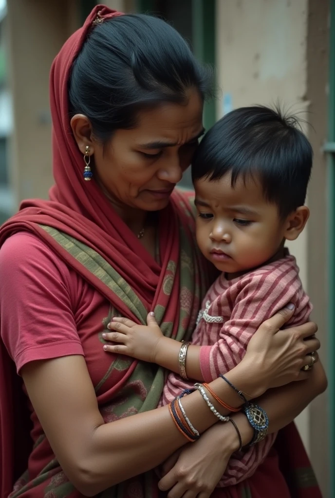 A picture depicting the hardships and responsibilities of a mother towards her child. Taking care of her child and her household. Also trying to support her family as much as she can.