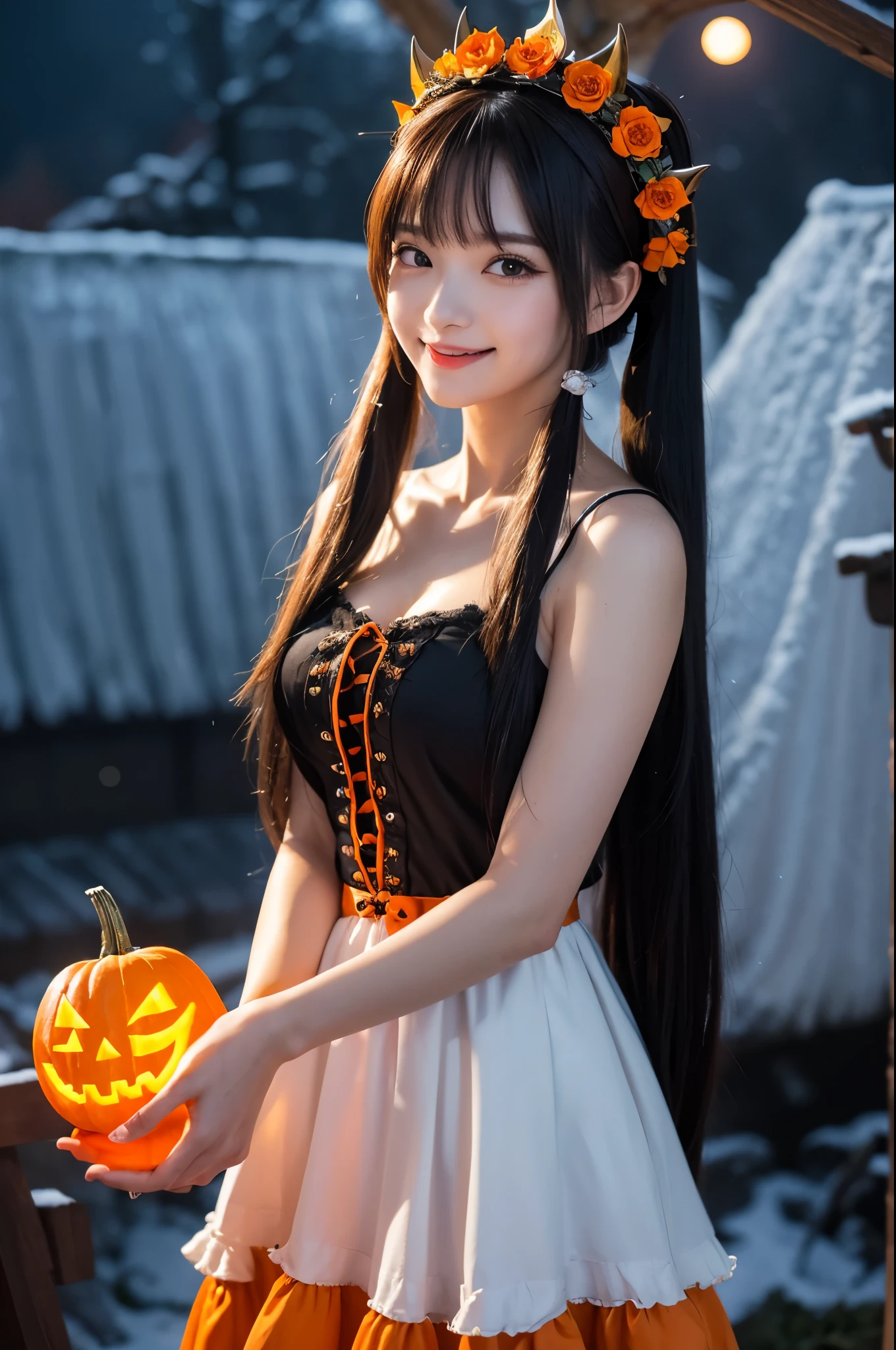 ​masterpiece、top-quality、ultra-detailliert、Halloween, pumpkins, Long Black Hair, Red Eyes, Smile, Blunt bangs, Ahoge, Night, Pointed ears, Little Devil Horned Head, Moon, Vampire