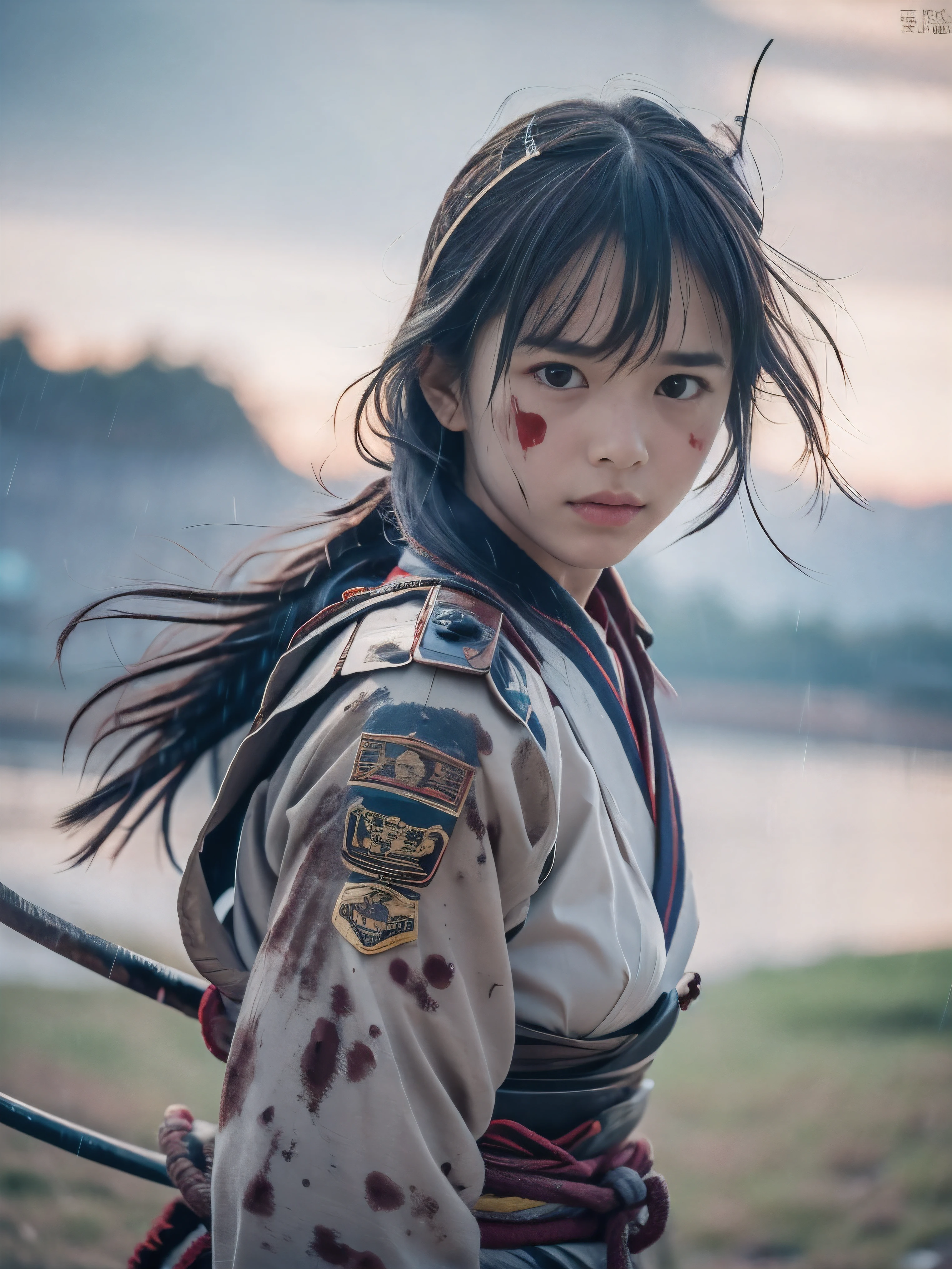 (Close up portrait of one slender small breasts two side up medium black hair with bangs girl in a black colored dirty bloody armor warrior as samurai in Japan at raining:1.5)、(One girl makes fighting pose under the raining sky on the grassland in old Japan with crying dirty bloody face:1.5)、(Heavy raining dark sky:1.5)、(blurred background:1.5)、(Natural light:1.5)、(8k ultra detailed master piece:1.5)、(perfect anatomy:1.5)、(Photorealistic stick:1.5)、(Raw photo:1.3)、(highest quality:1.5)、(High resolution:1.3)、(Delicate and beautiful perfect face:1.3)、(Delicate and beautiful eye air skin:1.3)、(Real Human Skin:1.3)、((thin legs))