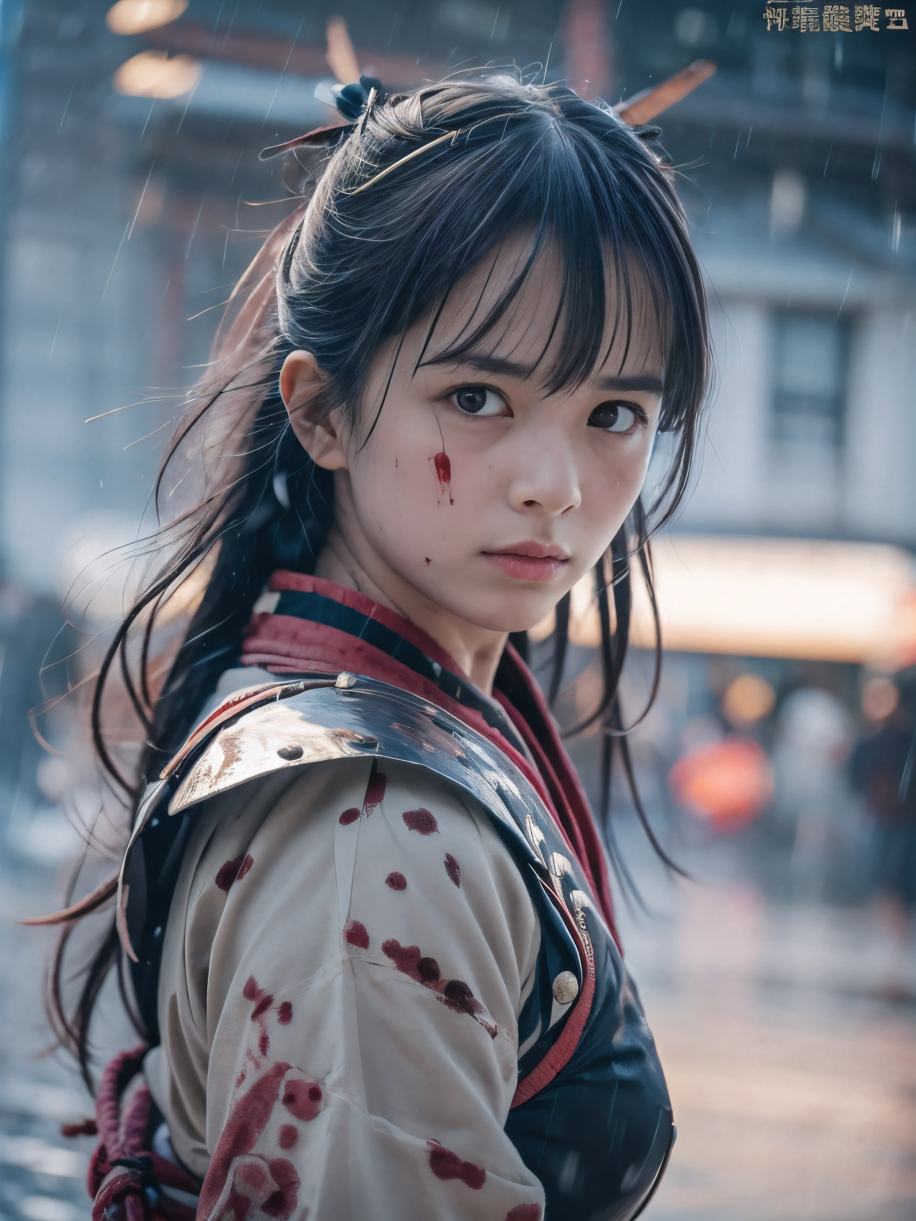 (Close up portrait of one slender small breasts two side up black medium hair with bangs girl in a black colored dirty bloody armor warrior as samurai in Japan at raining:1.5)、(One girl makes fighting pose and hold Japanese traditional white blade sword on hand under the raining sky on the grassland in old Japan with crying dirty bloody face:1.5)、(Heavy raining dark sky:1.5)、(blurred background:1.5)、(Natural light:1.5)、(8k ultra detailed master piece:1.5)、(perfect anatomy:1.5)、(Photorealistic stick:1.5)、(Raw photo:1.3)、(highest quality:1.5)、(High resolution:1.3)、(Delicate and beautiful perfect face:1.3)、(Delicate and beautiful eye air skin:1.3)、(Real Human Skin:1.3)、((thin legs))