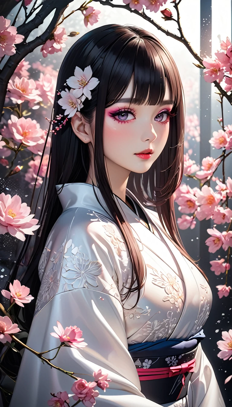 a  full-length,cherry blossom background,short skirt,detailed face,beautiful eyes,detailed lips,long eyelashes,portrait,detailed skin,intricate details,highly detailed,masterpiece,8k,HDR,vibrant colors,cinematic lighting