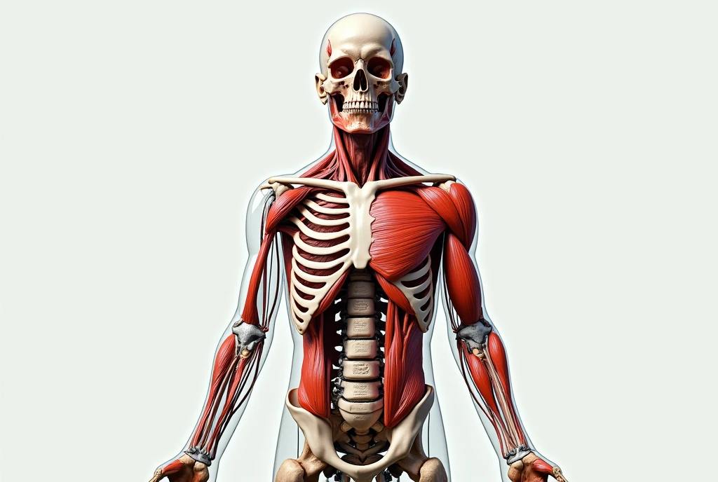 A meticulously rendered, anatomically accurate 3D model of a 24-year-old Korean female body, designed for medical and educational purposes. The young woman is depicted in a standing pose, with her body in a state of relaxed alertness, allowing for a comprehensive view of her musculature, skeletal structure, and internal organs. Her skin is translucent, revealing the intricate network of veins, arteries, and nerves that weave throughout her form. Each muscle group is highlighted with a different shade of pink, from the powerful quadriceps and biceps to the delicate muscles of her hands and feet. The bones are a stark white, offering a stark contrast against the surrounding tissue. The internal organs are displayed in vivid detail, with the heart, lungs, liver, and stomach all clearly visible within the ribcage and abdominal cavity. Her hair is short and dark, styled in a practical cut that does not obscure any part of the head or neck, which is also rendered transparent to show the brain and spinal column. The model's face is serene, with closed eyes and a neutral expression, providing an unobstructed view of the skull and its various openings. The breasts are proportionate and lifelike, with accurate glandular tissue visible through the skin. The image is devoid of any external clothing or accessories, focusing solely on the body's biological structure. The background is a clean, sterile white, emphasizing the clinical nature of the depiction. The lighting is soft yet precise, casting subtle shadows that enhance the three-dimensional effect and highlight the contours of the body. This detailed representation serves as an invaluable tool for medical students, researchers, and professionals seeking to understand the complex human anatomy.