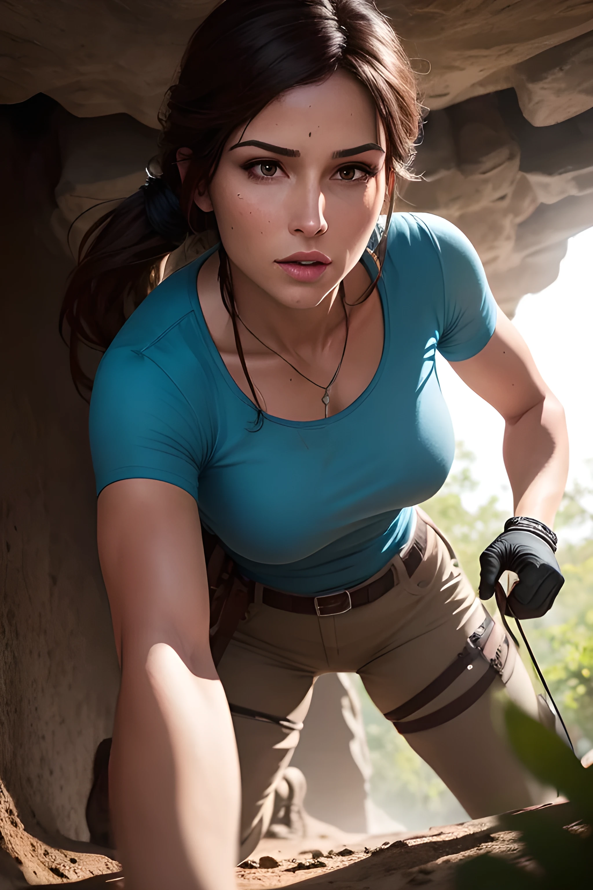 Picture of Lara Croft in a light blue shirt and short dark brown pants crawling through a small hole underground. The scene is lit by skylight from the ceiling casting down on a hidden Mayan temple. Additional Details: Background: Underground cave with hidden secrets. The cave is filled with intricate carvings, ancient symbols, and stalactites hanging from the ceiling. DLSR, sharp focus, soft lighting, masterpiece, perfect face, ultra detailed face, perfect brown eyes, beautiful face, photorealistic, 8k, masterpiece
