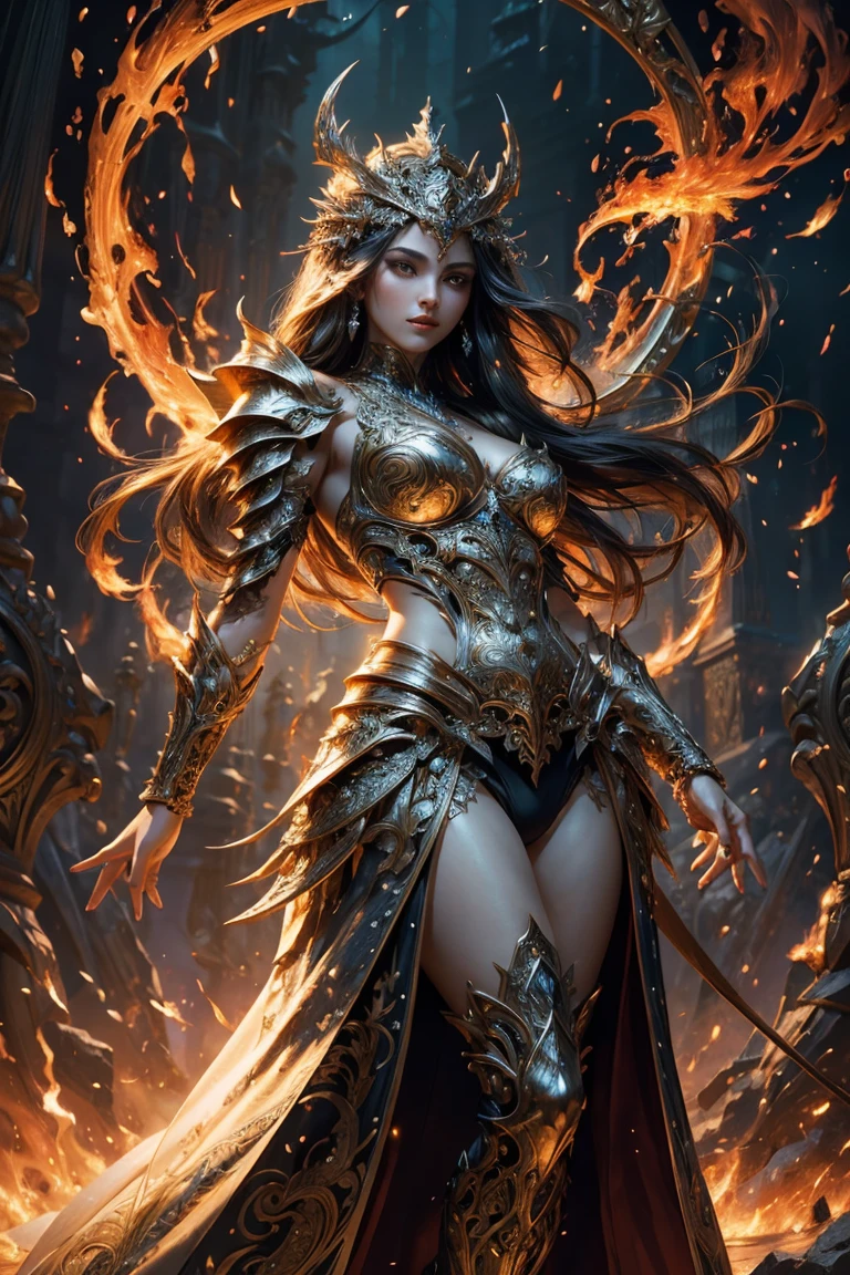 a woman in armor with a sword and fire in her hand, she has fire powers, a very beautiful berserker woman, appears as the goddess of fire., fire wizard, fantasy woman, evil fire sorceress in the forest, The flames surround her, diablo 4 queen, epic fantasy art style, the queen of fire, diablo 4 Lilith, Goddess of hot fire