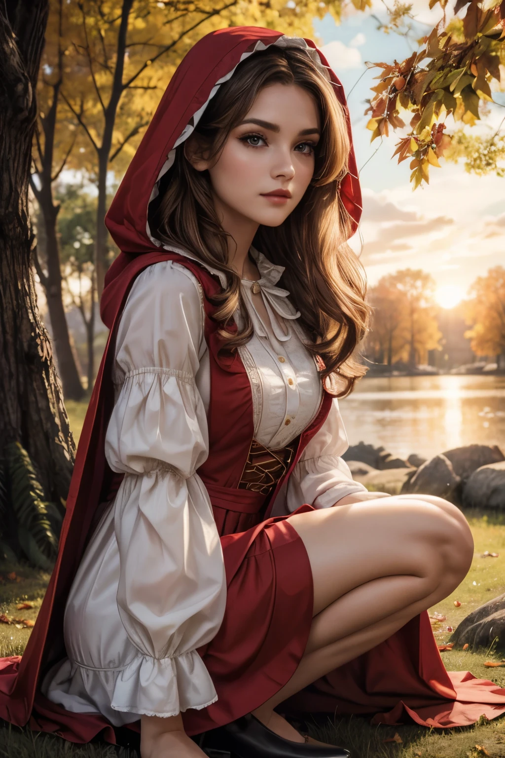 (best quality, 4K, 8K, high resolution, masterpiece: 1.2), ultra-detailed, (realistic, photorealistic: 1.37), medium camera shot, sweet girl with little red riding hood, wavy hair, eyeliner, shadow, smoky eyes, red lips, proportioned, loose hands, red cape with knee-length hood, white blouse with puffed sleeves and modest knee-length dress in earthy tones, looking at the viewer, sweet pose, leaning against a tree, background dynamic, autumn, sunset, (body with perfect anatomy: 1.2), (skin texture with high detail: 1.2), (glossy skin: 1.2), Realism, (perfect body beauty: 1, 4), (Octane Rendering: 1.2), (Perfect Lighting: 1.2), Maximum image quality, Intricate details with maximum precision and realism, Ultra sharp, Depth of field