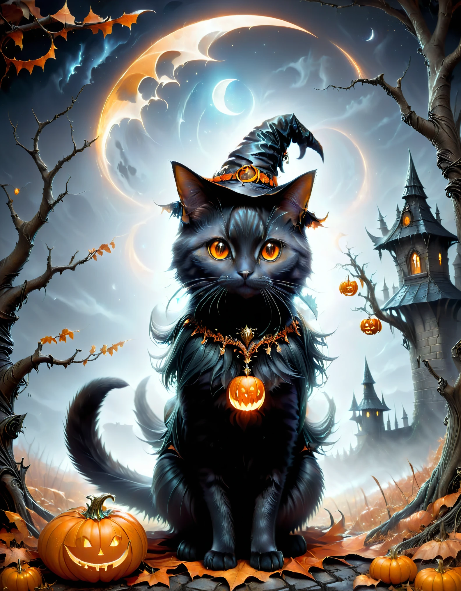 Illustration, oil painting, dark fantasy, black cat in Halloween costume, wearing witch hat, orange and black witch dress, witch with intricate detailed scythe, multiple necklaces, transparent pumpkin glowing orange on the ground, dark square, leafless Black tree, moon, old castle, bat (animal), masterpiece, best quality
