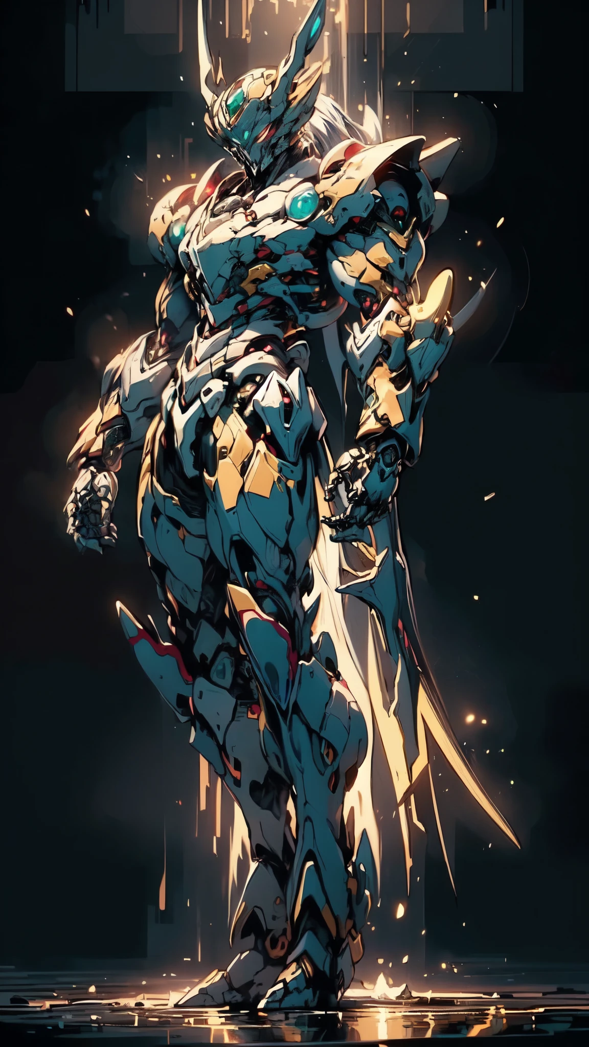 (masterpiece:1.5, best quality:1.5, extremely delicate:1.5, dynamic angle:1.5), ((male:1.5)), Biomimetic humanoid Mecha, green eyes, fully enclosed shoulder guards, matching arm and leg guards, gemstone, full body, full armor, the design balances heavy with agility, organic biotech armor, (the color scheme is primarily Black and White with Golden and Red accents, concept Inspired by Bat, glowing eyes, the armor glows), standing, floating high above the futuristic sci-fi city, a finely crafted Super robot in anime style, exquisite and mature art style, metallic, dramatic, high definition, highres, ultra-detailed, ultra-fine painting, professional, anatomically correct, symmetrical face, extremely detailed eyes and face, high quality eyes, creativity, RAW photo, UHD, 32k, Natural light, cinematic lighting, (masterpiece-anatomy-perfect:1.2)