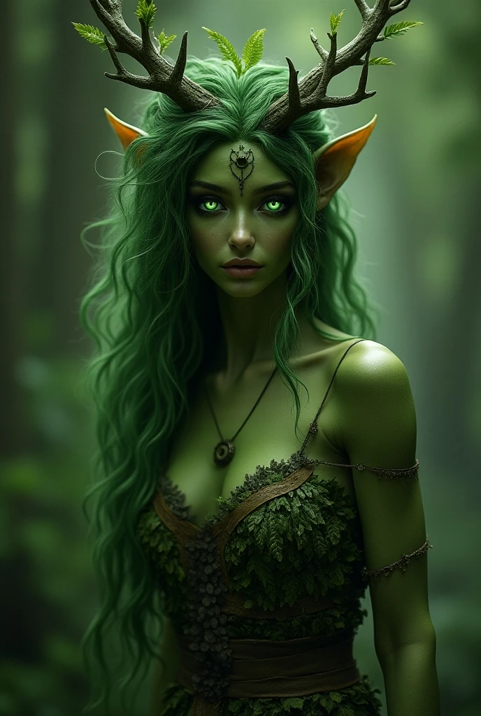 A green woman with orange eyes looking down in sadness ,wearing a witch queen crown,with body half in water in a swamp lake, a strange looking woman body with tree roots in a dark swamp,
Body with green reptilian appearance, elf ears,
(Fotorrealisitic), (High 4K resolution, 8k) High Definition Painting, (sharp focus, realisitic),