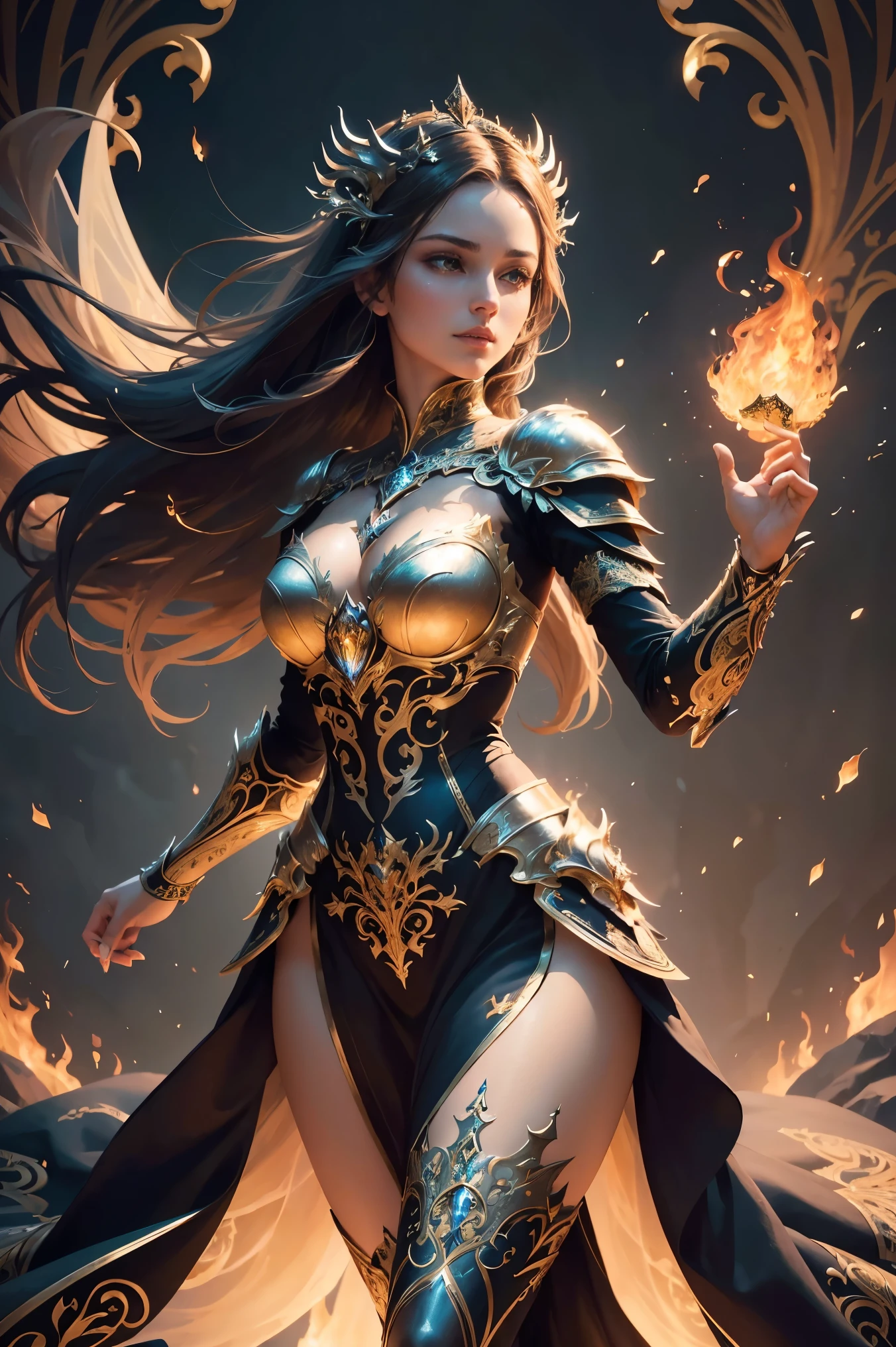 (masterpiece, top quality, best quality, official art, beautiful and aesthetic:1.2), (1girl), extreme detailed,(abstract, fractal art:1.3),colorful hair,highest detailed, detailed_eyes, fire, water, ice, lightning, light_particles, ghost