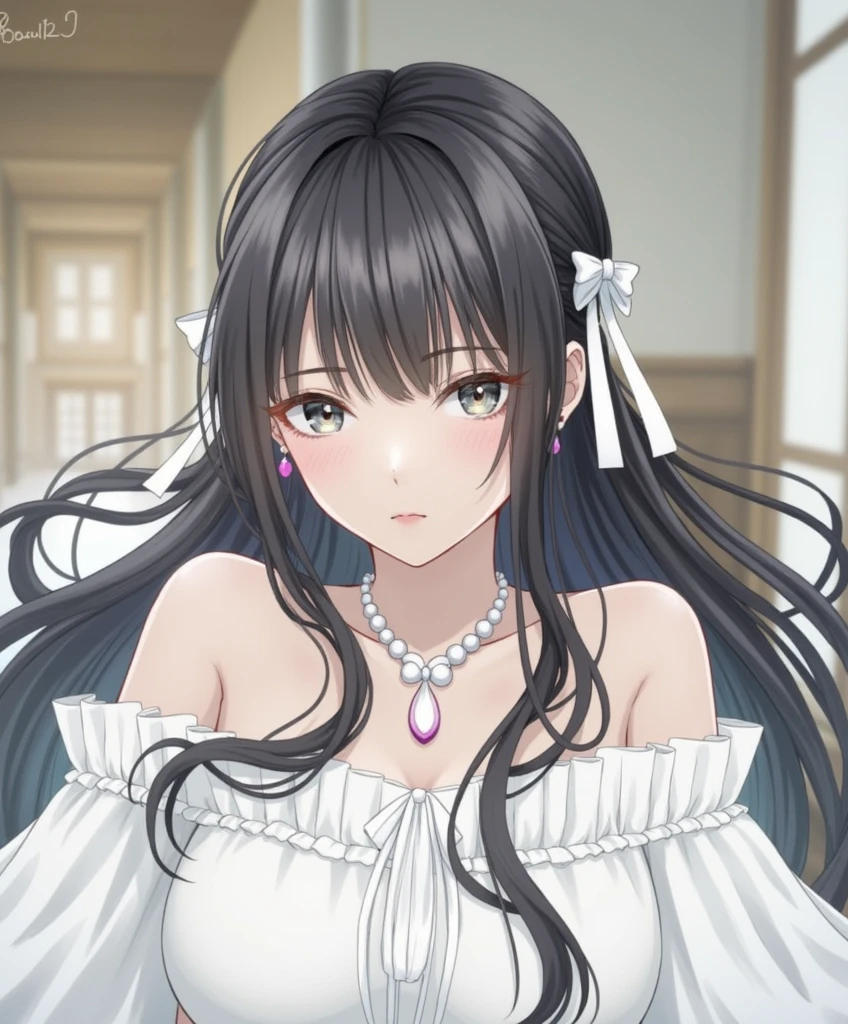masterpiece, (best quality), 1woman,1girl ,aihara_mei, long hair, black hair, purple eyes , formal dress, ,white dress, jewelry, earrings, necklace , medium breasts,,sexy woman, adult, smile, blush, vibrant colors ,,natural lighting ,RTX, hair between eyes , beautiful, (detailed face:1.2), showcase, (perfect eyes:1.1) ,(photorealistic:1.1), 8k uhd, looking at viewer, formal event, indoors, simple backround