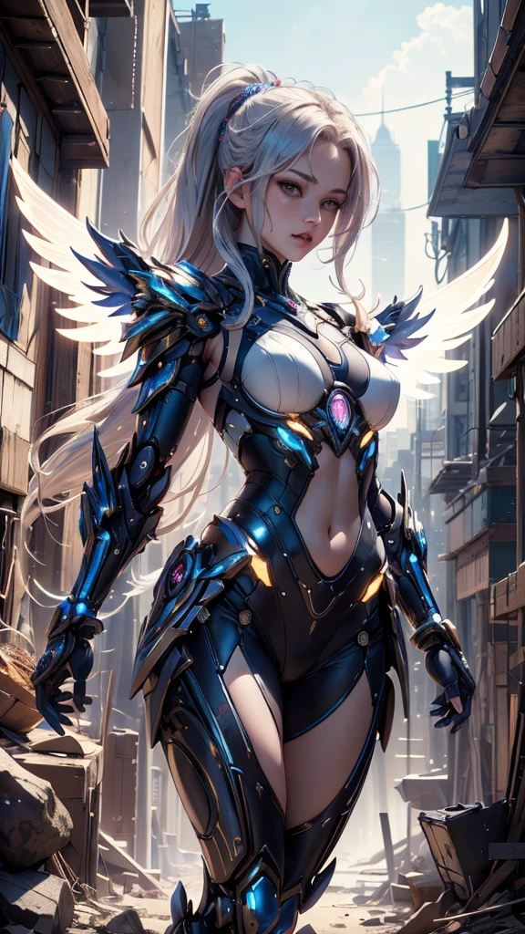 Realistic 1.5, cyberpunk, (masterpiece, best quality, highres:1.2), (intricate and beautiful:1.2), (detailed light:1.2), Japanese girl, long white hair athletic body, small breasts, fashion photography of cute mechangel, glowing wings, solo, glowing armor, building, glowing mechanical wings, (official art), (cinematic),