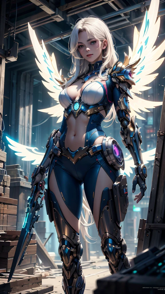 Realistic 1.5, cyberpunk, (masterpiece, best quality, highres:1.2), (intricate and beautiful:1.2), (detailed light:1.2), Japanese girl, long white hair athletic body, small breasts, fashion photography of cute mechangel, glowing wings, solo, glowing armor, building, glowing mechanical wings, (official art), (cinematic),