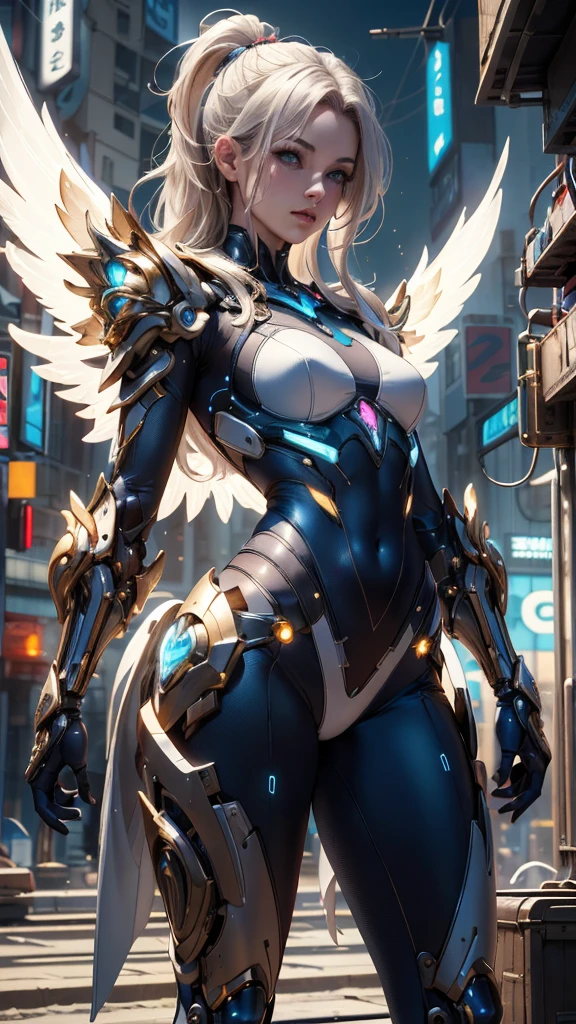 Realistic 1.5, cyberpunk, (masterpiece, best quality, highres:1.2), (intricate and beautiful:1.2), (detailed light:1.2), Japanese girl, long white hair athletic body, small breasts, fashion photography of cute mechangel, glowing wings, solo, glowing armor, building, glowing mechanical wings, (official art), (cinematic),