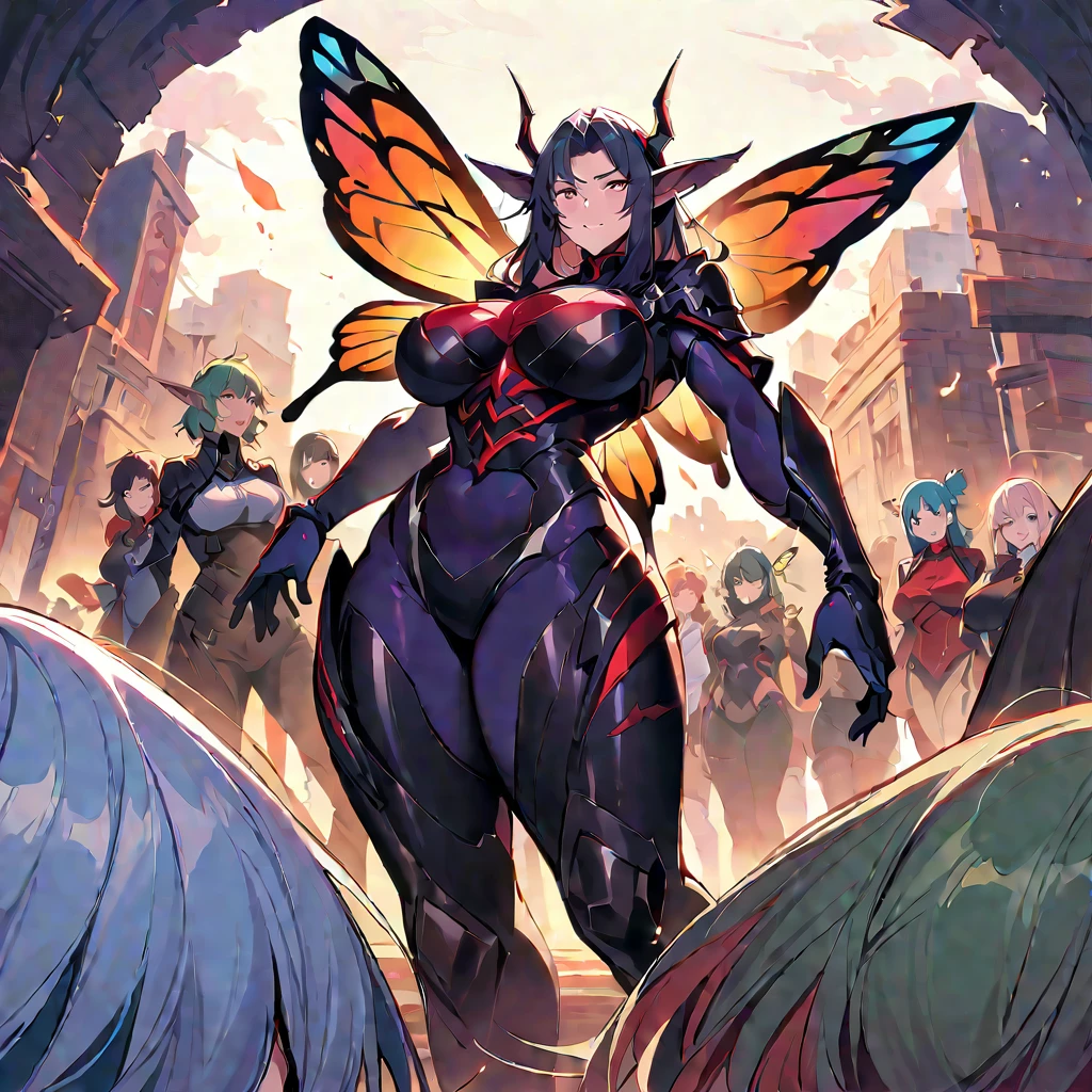 Anime, Berserker, mature womans, milf, elf's ears, butterfly's wings, body-armor, Berseker' clothes, Berserker clothes, curvy body, multiple womans, berserker, womans surrounding